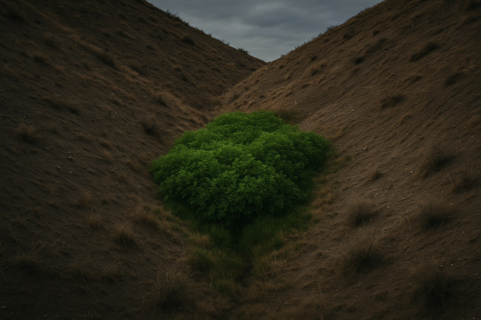 Wide shot of a vivid green vegetation patch on an otherwise dry hillside, soft overcast light, dark and grounded tones, illustrating hidden spring water signs.