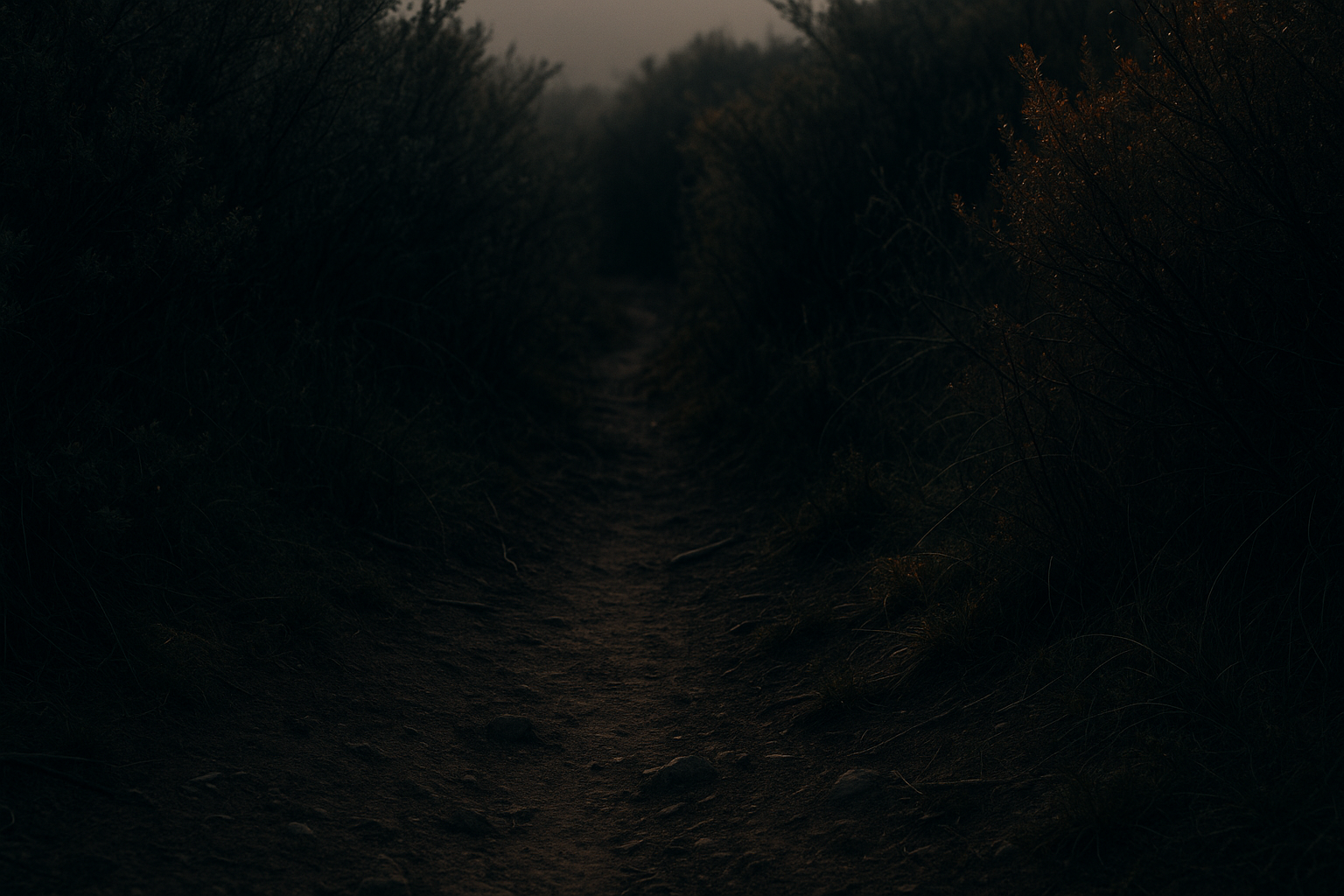 Low, ground-level shot along a narrow worn animal trail disappearing into dense brush, dawn light, dark and grounded tones, illustrating animal trails that lead to water.