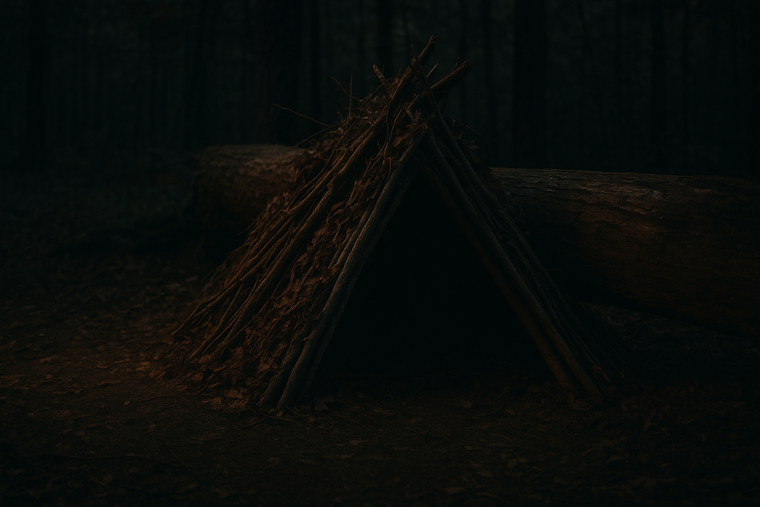 Wide shot of a completed debris hut shelter nestled against a fallen log in the forest at dusk, dark and grounded tones, illustrating how to build a debris hut shelter.