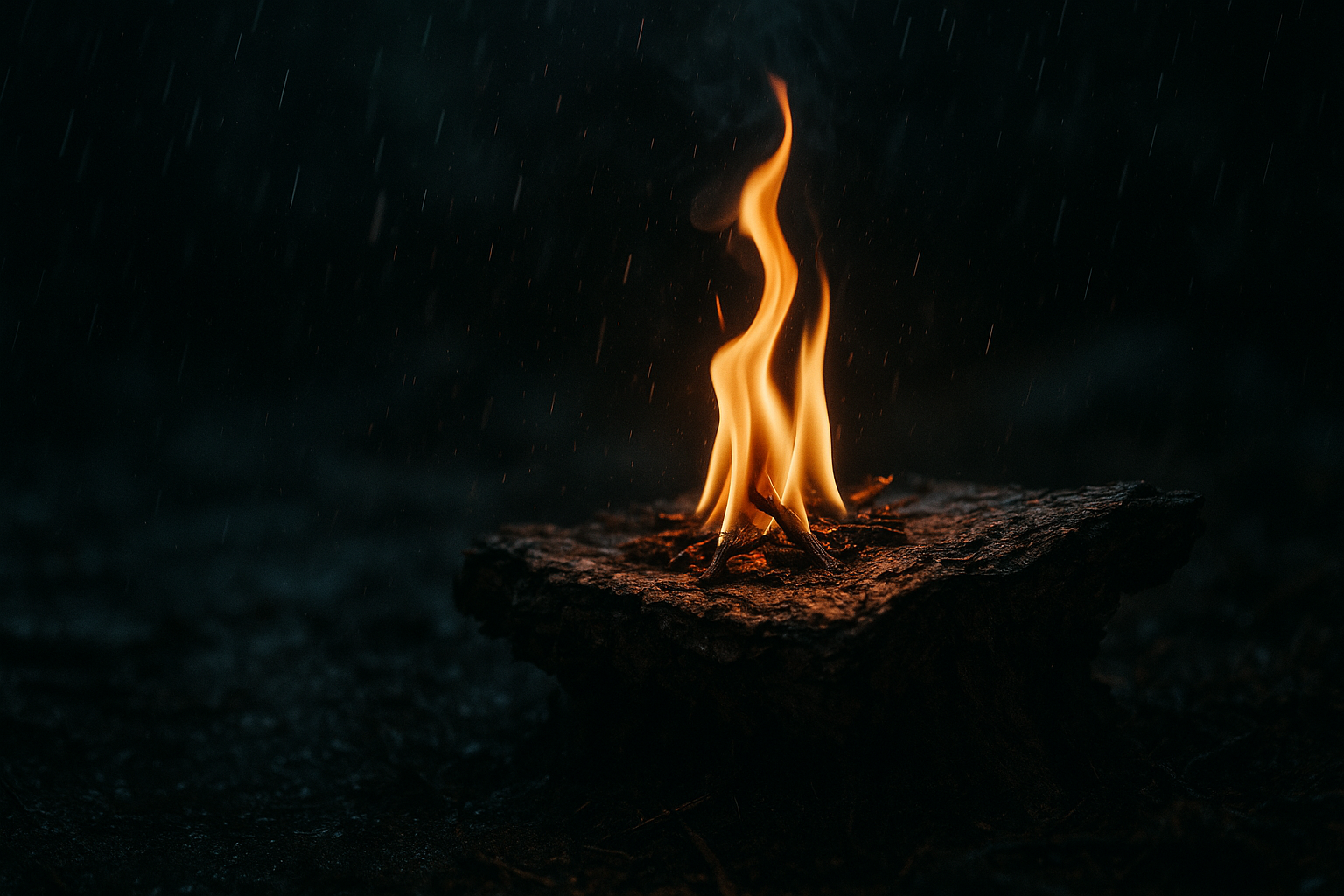 Close, warm-lit shot of a small fire catching on a raised bark platform in the rain, dramatic contrast between fire glow and dark wet surroundings, illustrating how to build fire with wet wood.