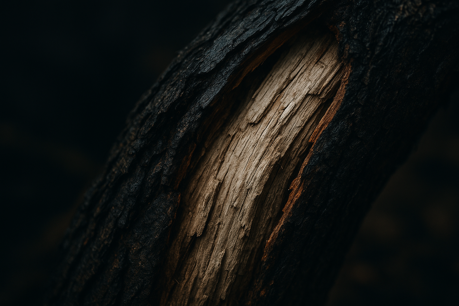 Close, textured shot of split dead wood revealing a dry pale interior against wet dark bark, dramatic side light, dark and grounded tones, illustrating how to find dry tinder after rain.