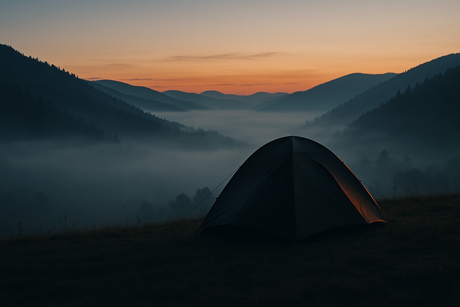 Wide establishing shot, dawn light, misty valley bench campsite, single tent silhouette, cool-to-warm gradient, illustrating how to read the ground before you build shelter.