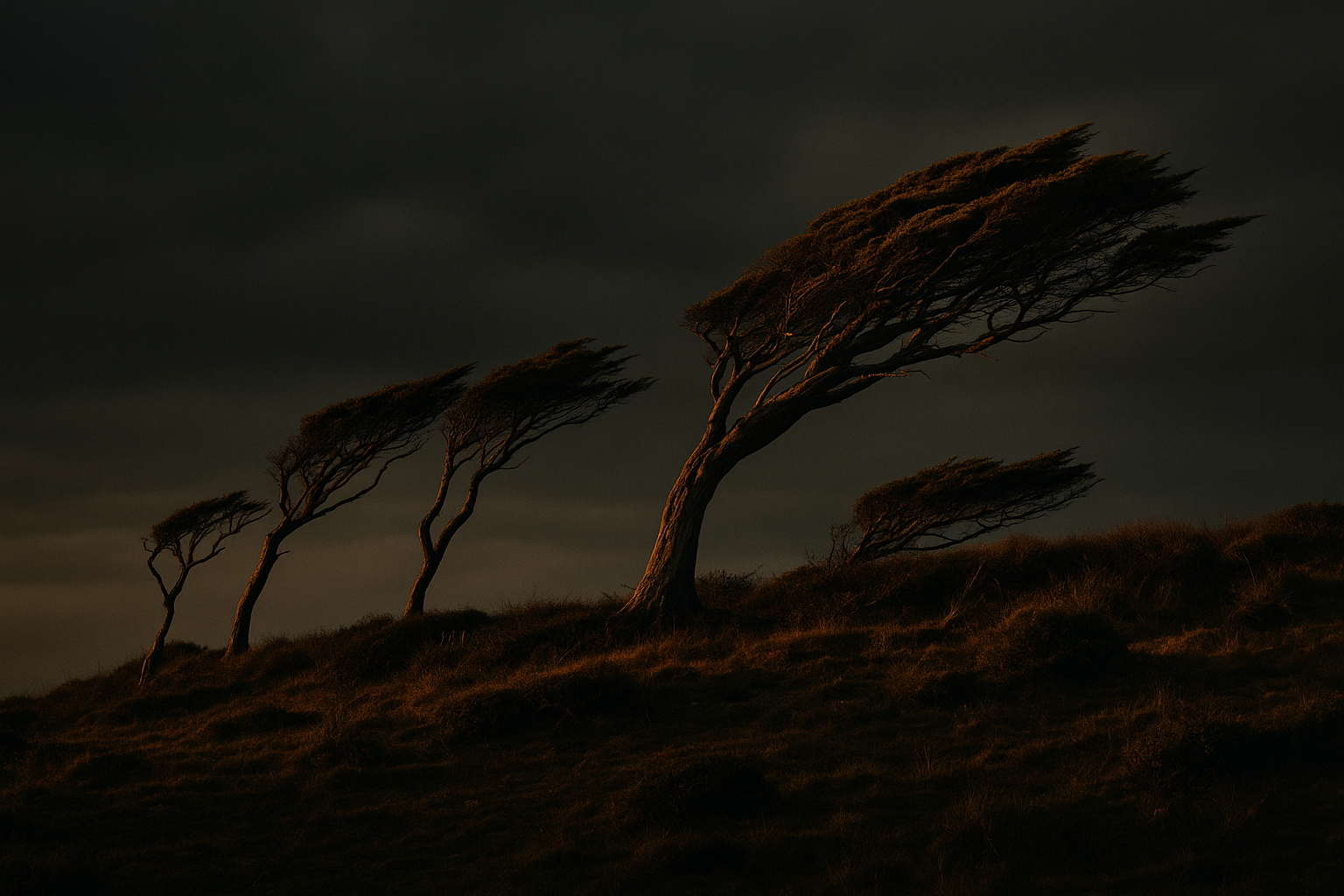Wide shot of wind-bent trees on an exposed ridgeline at golden hour, dark and grounded tones, illustrating how to read wind before making camp.