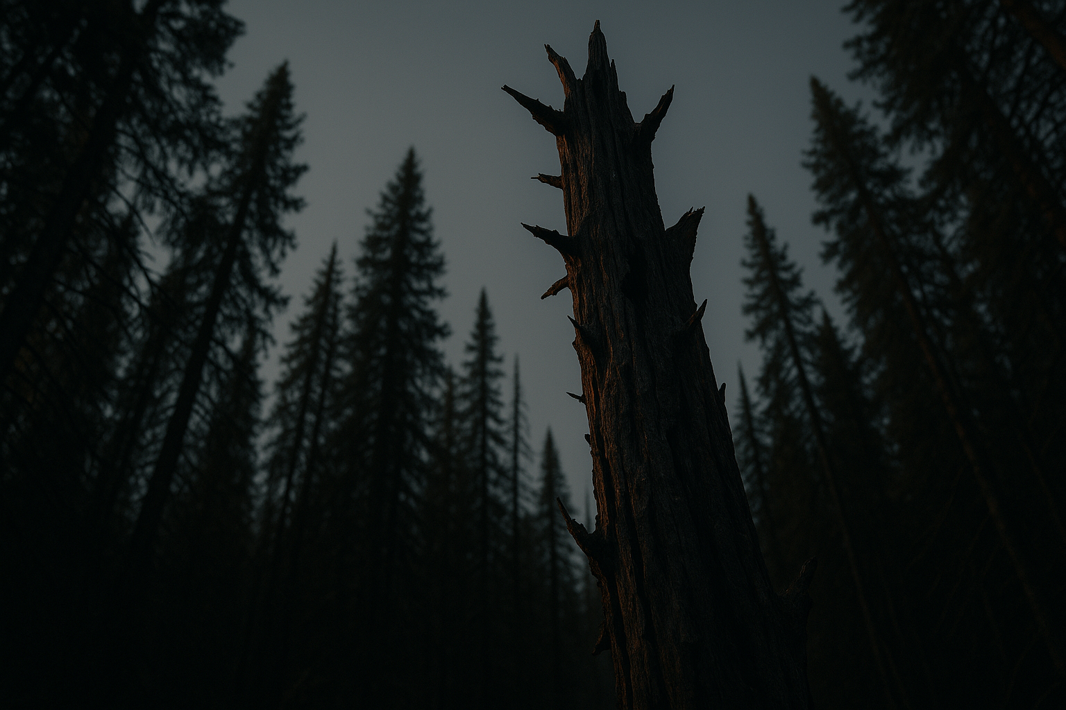 Low-angle shot looking up through a forest canopy at a standing dead tree, dark and grounded lighting, illustrating how to spot widowmaker trees before camping.