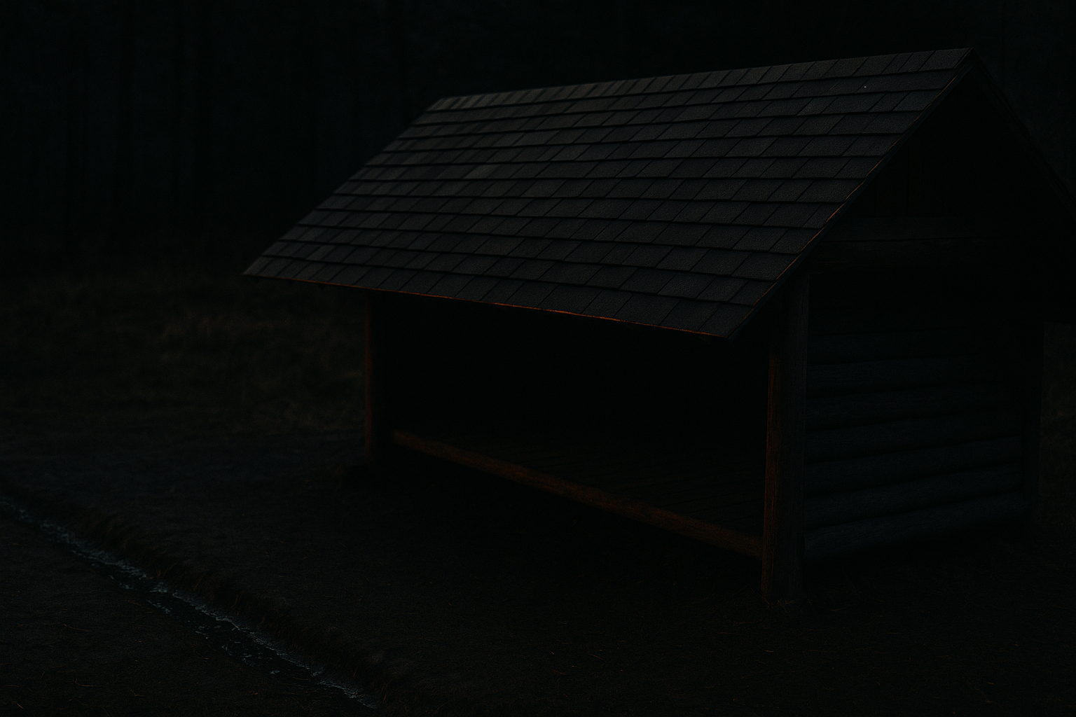 Wide shot of a finished shingled shelter roof with a visible drainage trench in fading dusk light, dark and grounded tones, illustrating how to weatherproof your shelter before dark.