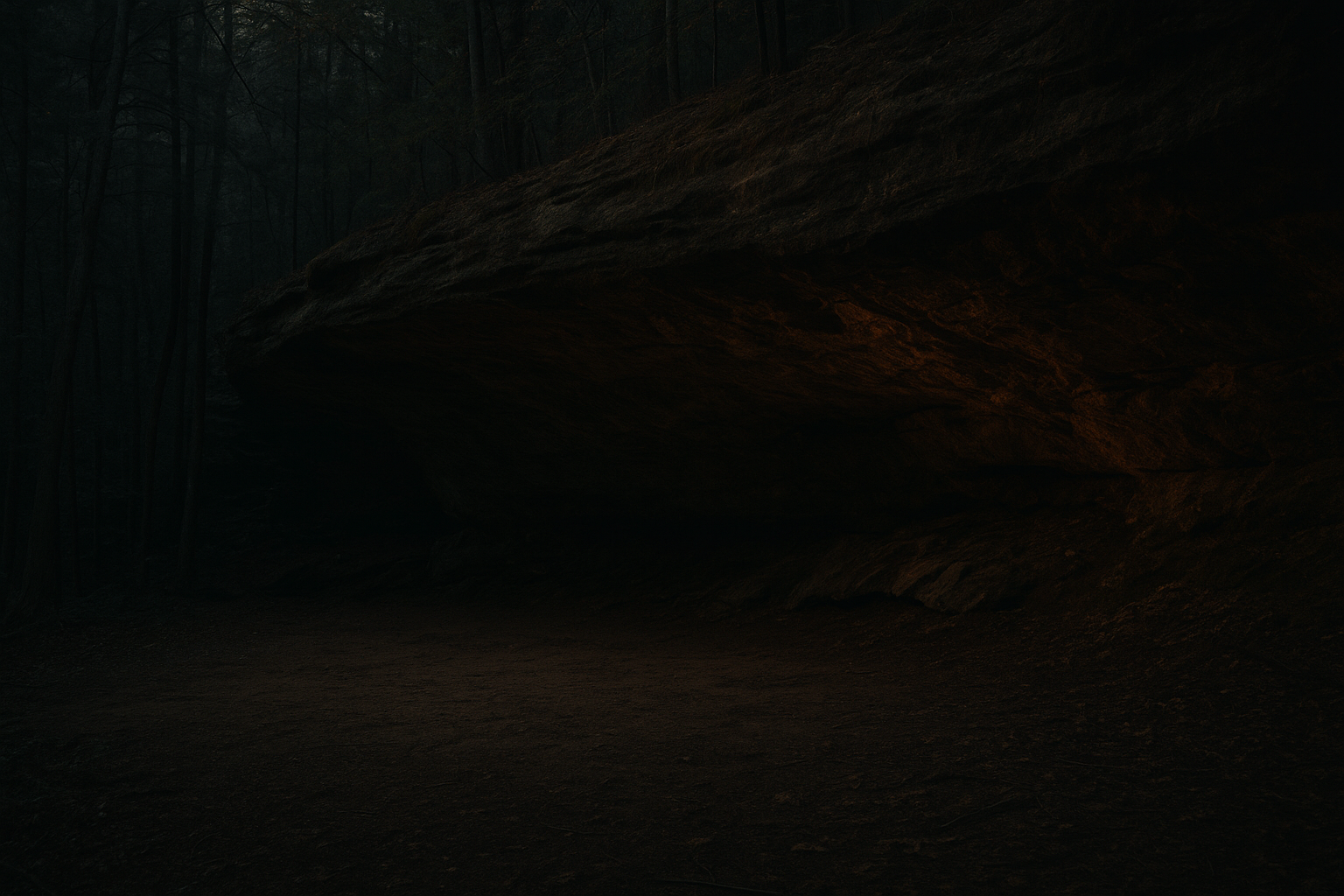 Wide shot of a shallow rock overhang with dry ground beneath it, forest surroundings, moody dusk light, dark and grounded tones, illustrating natural shelter locations explained.